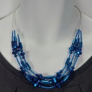 Cobalt Blue Necklace Multi Strand Chunky Beaded Layered Metallic Faceted Beads